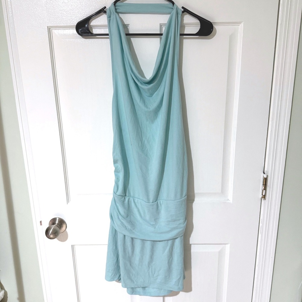 Free People FP Beach Aqua Draped Halter Mini Dress XL Open Back Ruched Cowl Neck - Picture 1 of 7